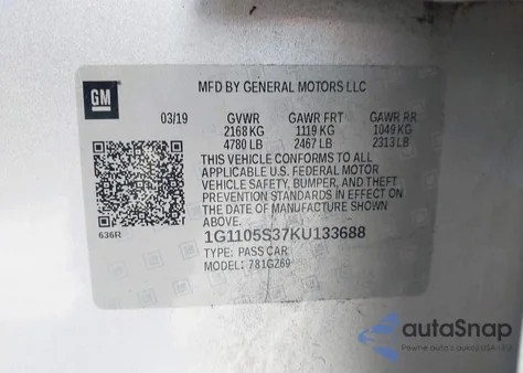 2019 Chevrolet Impala Premier z USA, uszkodzony, nr VIN 1G1105S37KU133688